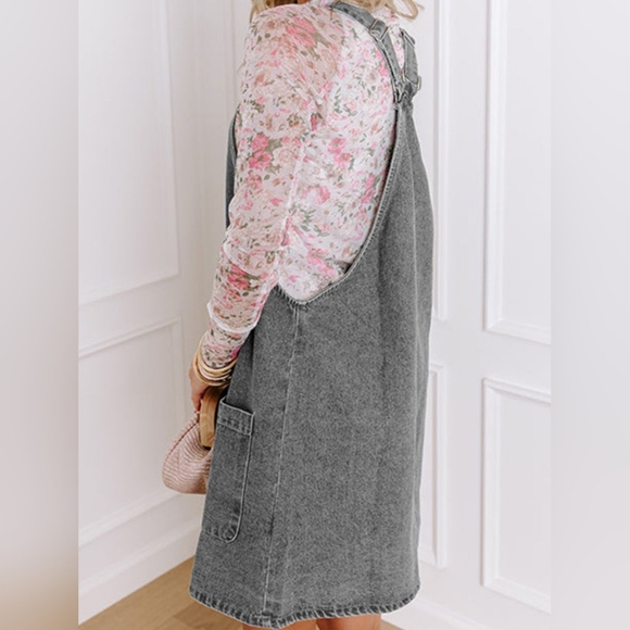 Retro Denim Overall Mini Dress Patch Pocket Sleeveless Jean Button-Up Romper - Picture 3 of 16